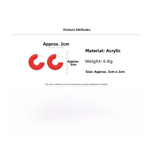 Detail view of red acrylic C-shaped earrings with dimensions and silver needle material