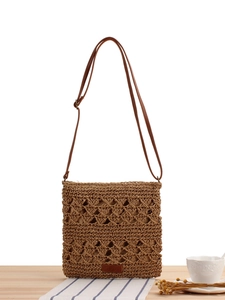 Handmade Paper Straw Woven Crossbody Bag Summer Beach Hollow Out Shoulder Purse With Adjustable Strap Zipper Closure