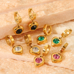 Detailed view of 18K gold stainless steel heart earrings with multicolor zircon stones