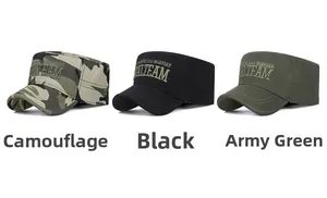Three tactical flat top hats in camouflage, black, and green with military embroidery