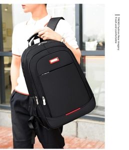 Close-up of black business backpack with multi-zipper pockets and side mesh cup holder