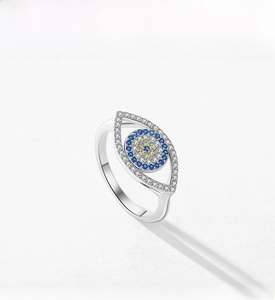 Detail of S925 sterling silver evil eye ring featuring blue and white crystals