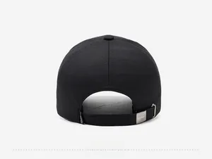 Rear view of black baseball cap with adjustable metal buckle and narason branding strap