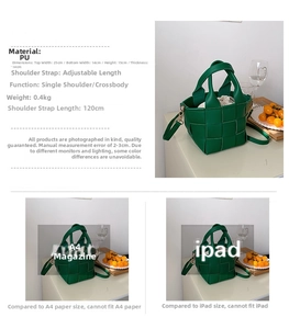 Green woven bucket bag details showing PU material, drawstring liner, and size comparison
