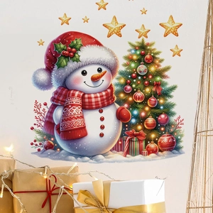 Christmas snowman wall sticker set with stars and gift boxes for festive window decor
