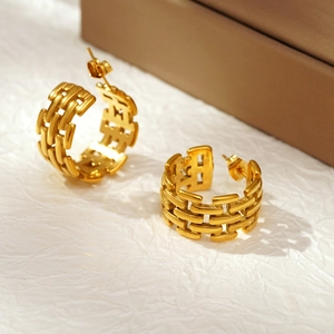 Gold vintage woven hollow hoop earrings with watch band geometric design for women