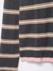 Close-up of striped knit polo fabric with refined ribbed hem and precise stitching details