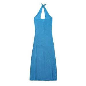 Detailed knit pattern on sky blue halter neck maxi dress with crochet diamond textures