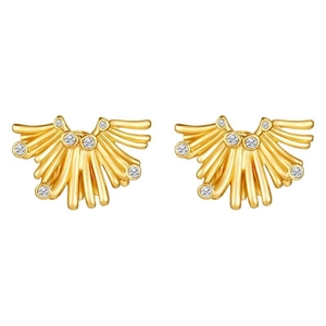 Irregular fan-shaped 18K gold plated earrings with embedded pearls on white background