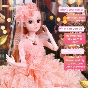 Detail of jointed doll wearing pink layered lace princess dress and pearl necklace