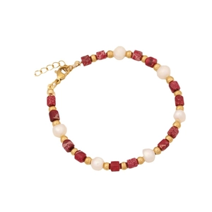 Handmade natural stone and pearl bracelet with red jasper beads and golden lobster clasp