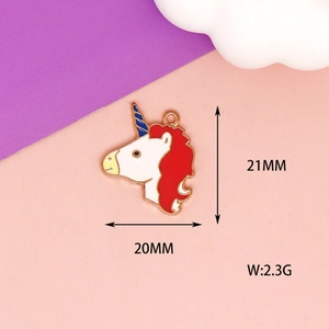 Detail view of colorful enamel unicorn charm with 21mm height and 20mm width dimensions