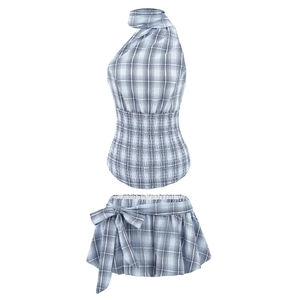 Polyester Plaid Halter Top And Mini Skirt Outfits Smocked Shirred Seersucker Texture Summer Beach Casual For Women