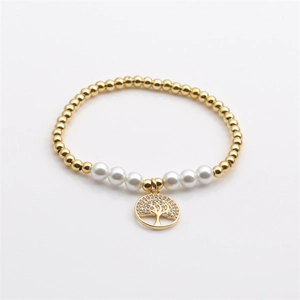 Elastic Tree of Life bracelet with gold-plated copper beads and white pearls for women