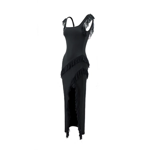 Detail view of black asymmetric dress with ruffled shoulder straps and side slit