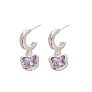 Silver needle cat pendant earrings with purple gemstones and sparkling crystals