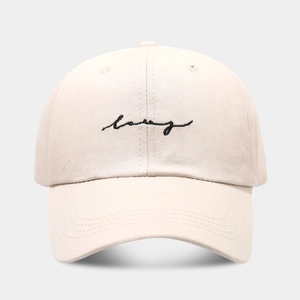 Beige baseball cap with black 'long' embroidery and curved brim for outdoor sun protection