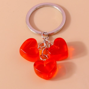 Chic jelly red heart keychain with three translucent resin pendants and silver metal ring