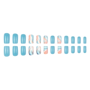 Short square press-on nails set in solid light blue and orange marble design