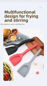 Close-up of 2-in-1 nylon kitchen tong spatula in black red and grey colors