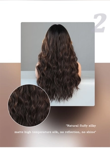 Macro detail of brown long wavy synthetic hair showing the matte heat-resistant fiber texture