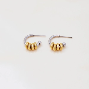 Luxury two-tone stainless steel C-shaped hoop earrings with gold ring accents