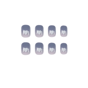 Blue-grey gradient heart press-on nails in square round shape on white background
