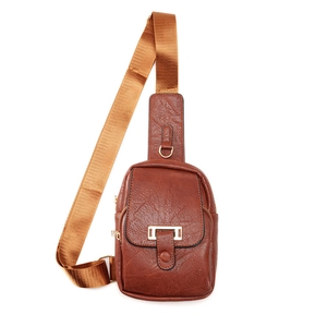 Vintage brown PU leather crossbody chest bag with adjustable wide nylon strap and buckle
