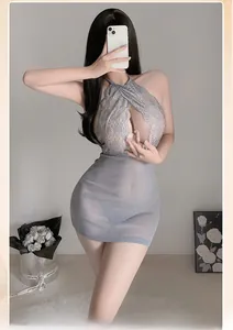 Détail de lingerie sexy gris-bleu avec dentelle dos nu et design en mesh transparent