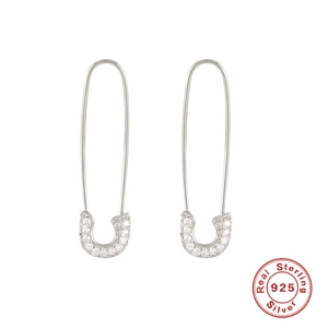 S925 sterling silver safety pin earrings with white zircon accents on white background