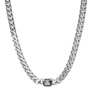 Titanium steel Cuban chain necklace in silver with a rectangular gray gemstone center