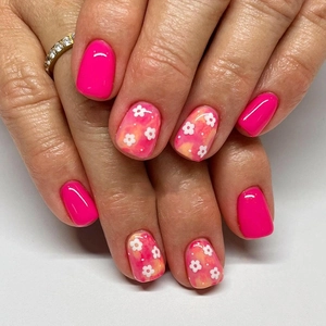 Fuchsia Red White Flower Pattern Short Square Round Press On Nails Sweet Ins Style Wearable Artificial False Manicure