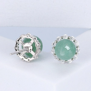Elegant S925 silver halo stud earrings with round green jade and sparkling zircon accents