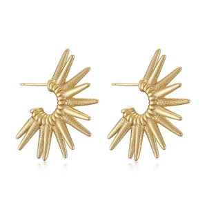 Minimalist gold-plated C-shaped sunburst stud earrings with artistic radial metal design