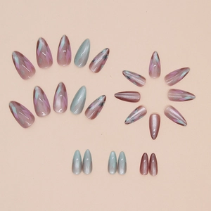 24pcs long stiletto press-on nails with purple cat eye and geometric designs