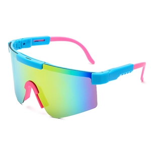 Outdoor sports cycling sunglasses with blue pink frame and colorful gradient coated lens