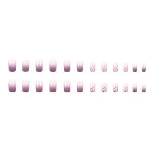 Set de 24 faux ongles dégradé violet taro pailleté style français forme courte et carrée
