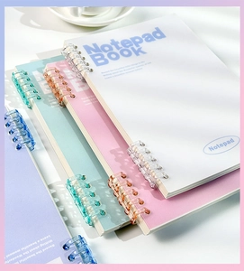 Pastel macaron notebooks in four colors with transparent plastic loose-leaf rings