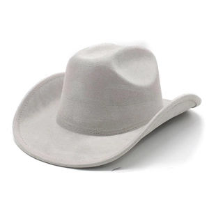 Detail of wide brim felt cowboy hat in light grey with double reinforced stitching