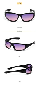 Three-angle views of Y2K sporty sunglasses with black frames and purple gradient lenses