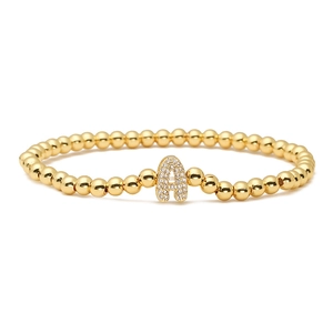 Minimalist 18K gold plated beaded stretch bracelet featuring a micro-paved letter A charm