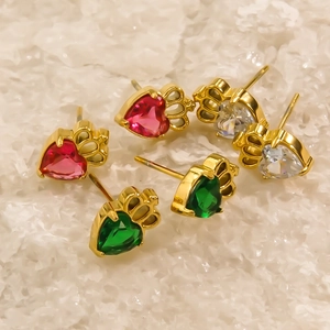 Stainless Steel Zirconia Heart Crown Stud Earrings Sweet Fashion Gold Plated Jewelry For Women Daily Dating Gift