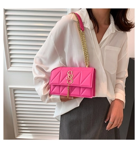 Close-up of pink quilted crossbody bag with gold chain strap and tassel detail on model