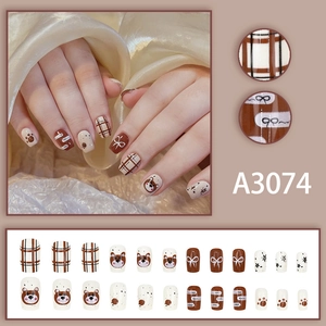 Cute brown cartoon bear and bow pattern short square press-on nails set with grid designs