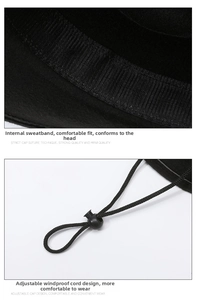 Detail of black fedora hat with adjustable windproof rope and sweatband inside