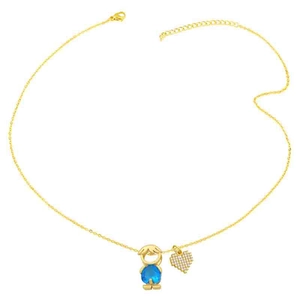 Minimalist gold chain necklace with blue boy pendant and pixel heart charm on white background