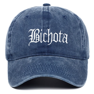 Vintage washed navy blue baseball cap featuring white BICHOTA embroidery on front
