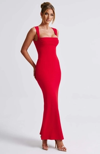 Detail of elegant red square neck slim fit maxi dress with premium knitted texture