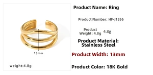 Detail view of 18K gold plated multi-layer wave ring with 13mm width and 4.8g weight