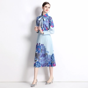 Navy floral print polo shirt and pleated midi skirt set with bow neckline detail